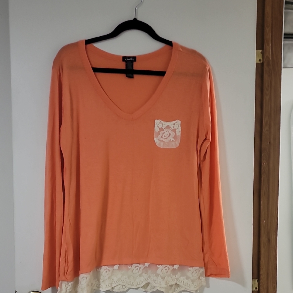 Justify Peach Lace-Trim V-Neck Long Sleeve Top